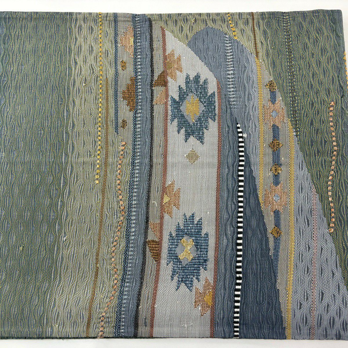 【美品】 袋帶 秀品級 流水 幾何學 灰綠 お太鼓圖案 純蠶絲