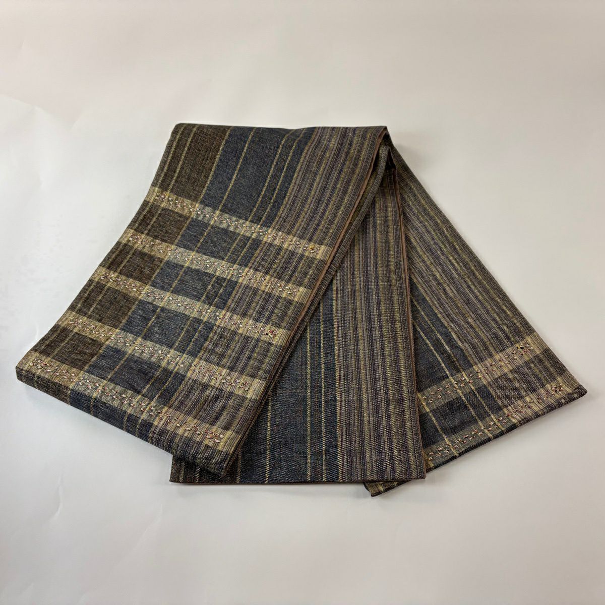 【美品】 袋帶 秀品級 縞 金糸 茶 お太鼓圖案 純蠶絲