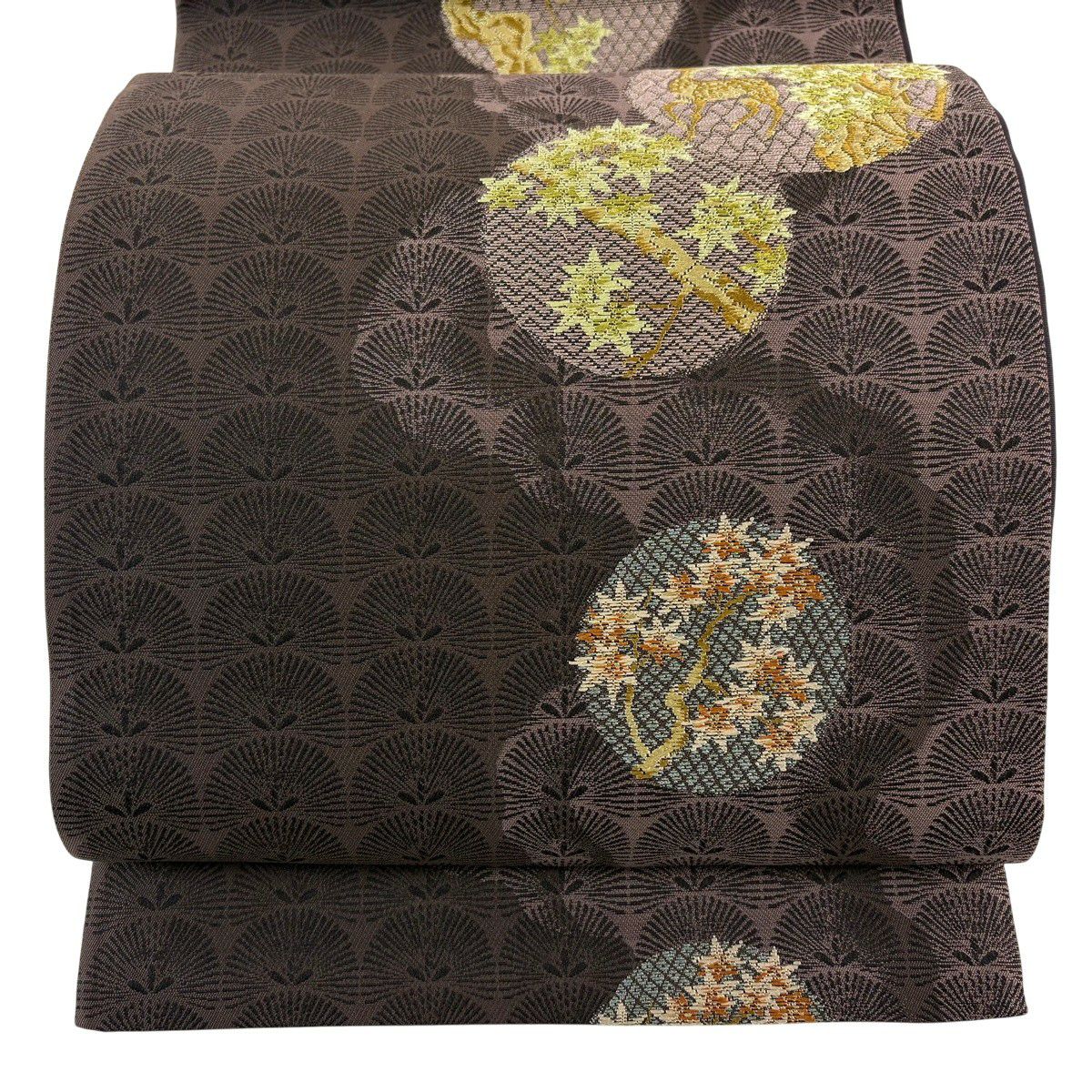 【美品】 袋帶 秀品級 鹿 楓 金絲 焦茶 六通 純蠶絲