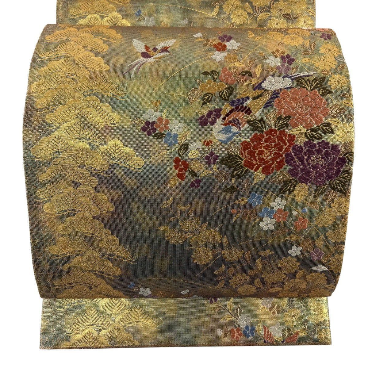 袋帶 秀品級 關西仕立 松樹獻上花鳥紋 金絲 金金箔 金色 六通 純蠶絲