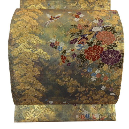 袋帶 秀品級 關西仕立 松樹獻上花鳥紋 金絲 金金箔 金色 六通 純蠶絲