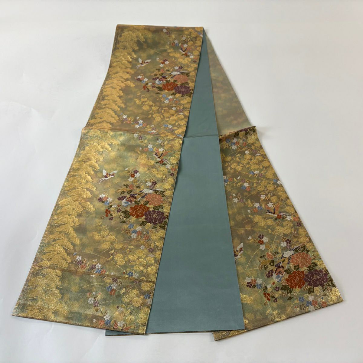 袋帶 秀品級 關西仕立 松樹獻上花鳥紋 金絲 金金箔 金色 六通 純蠶絲