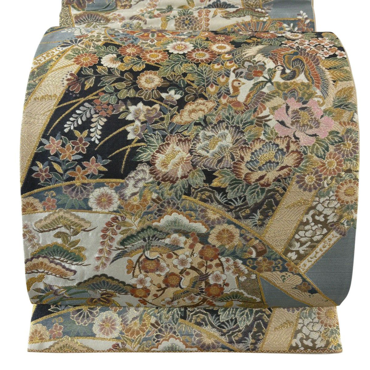 【美品】袋帶 秀品級 草花紋紋 孔雀 金絲 金金箔 米色 六通 純蠶絲