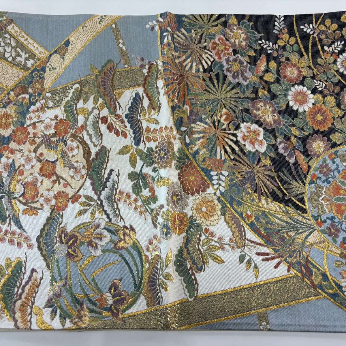 【美品】袋帶 秀品級 草花紋紋 孔雀 金絲 金金箔 米色 六通 純蠶絲