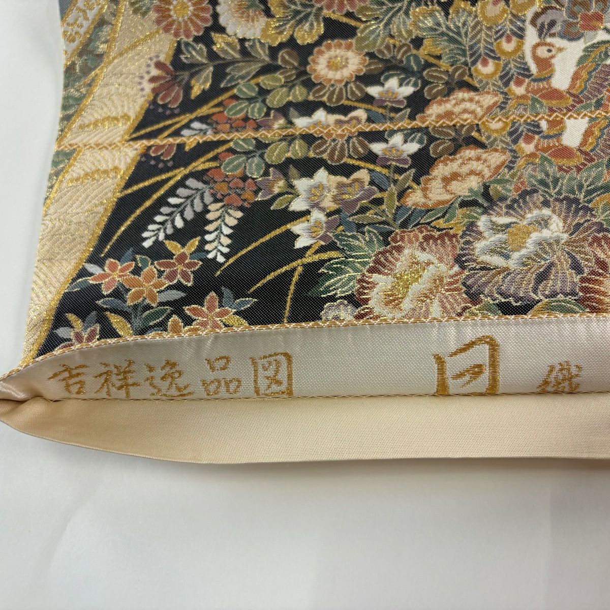 【美品】袋帶 秀品級 草花紋紋 孔雀 金絲 金金箔 米色 六通 純蠶絲