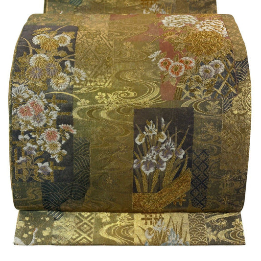 袋帶 秀品級 草花紋紋 流水 金銀線 金金箔 金色 六通 純蠶絲