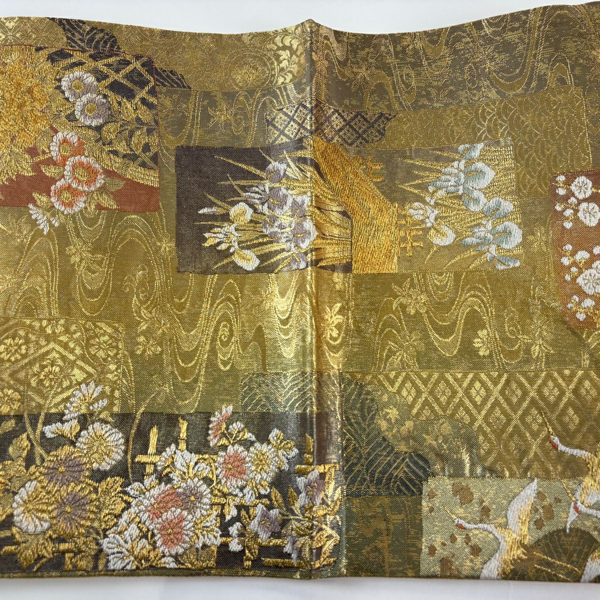 袋帶 秀品級 草花紋紋 流水 金銀線 金金箔 金色 六通 純蠶絲