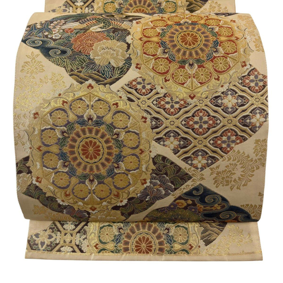 【美品】 袋帶 秀品級 關西仕立 西本願寺六葉華紋 金糸 金金箔 米色 六通 純蠶絲