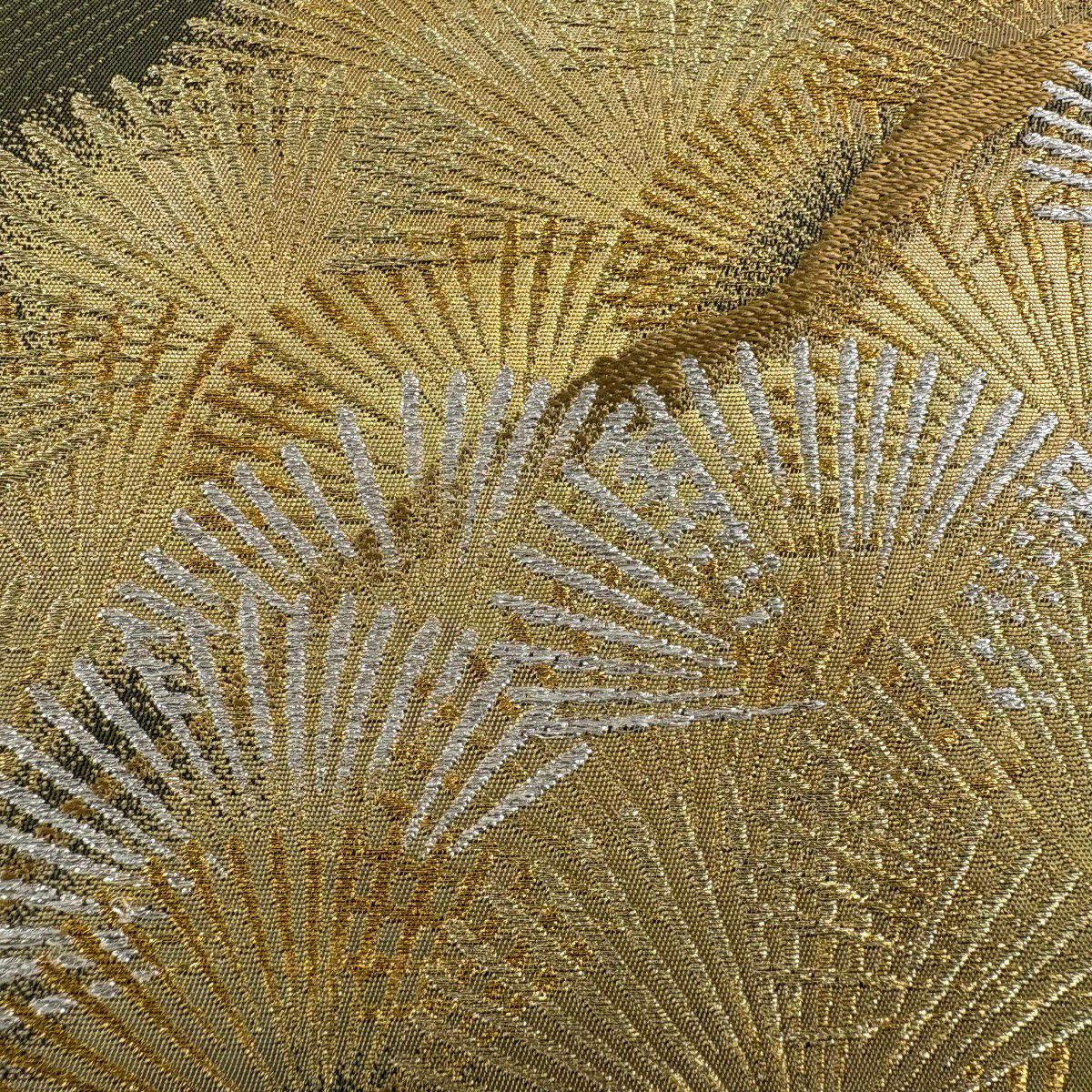 【美品】 袋帶 秀品級 松樹 波 金銀彩 金金箔 茶綠 六通 純蠶絲