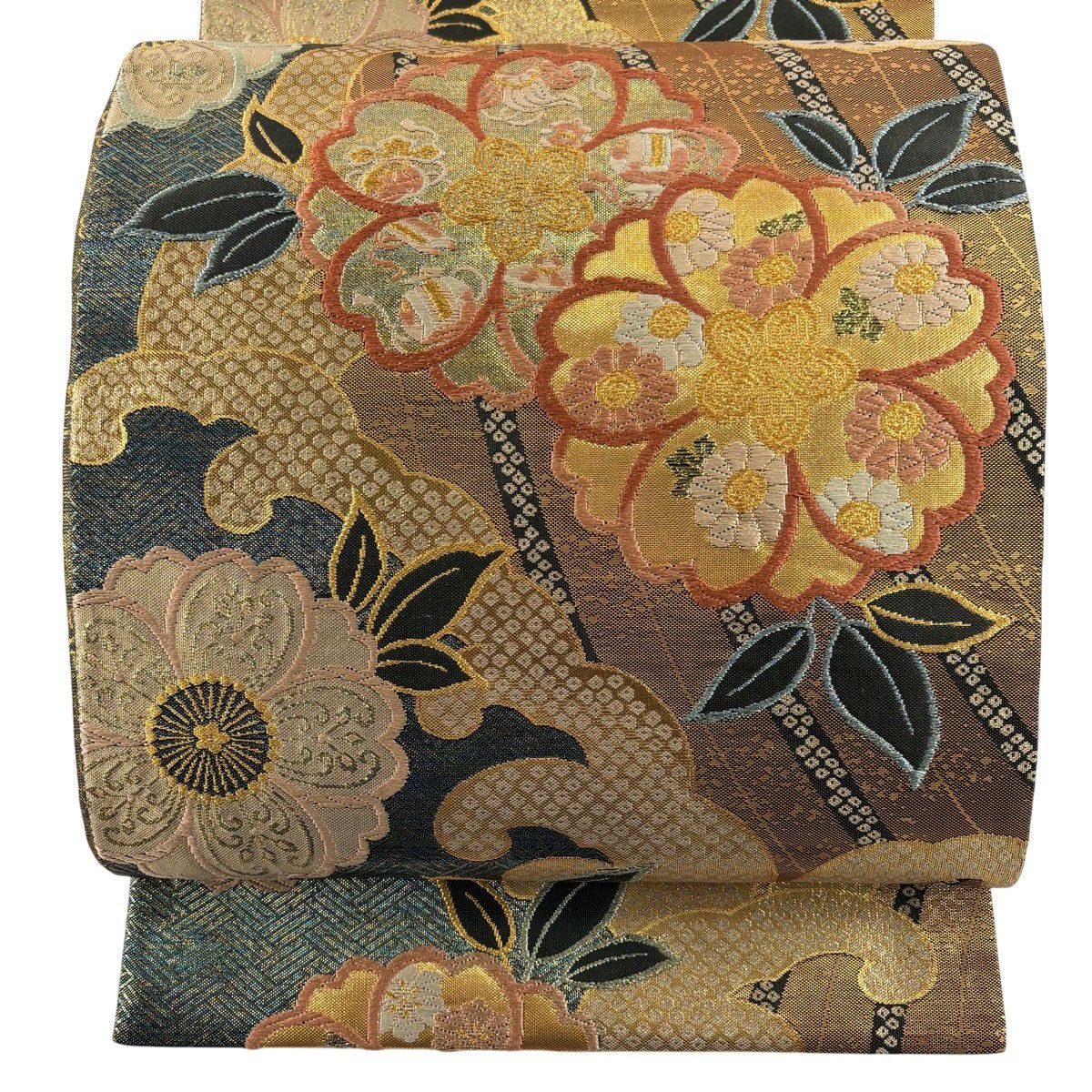 【美品】 袋帶 秀品級 有落款 振袖禮服禮服適用 櫻花 波頭 金絲 金金箔 金茶 六通 純蠶絲