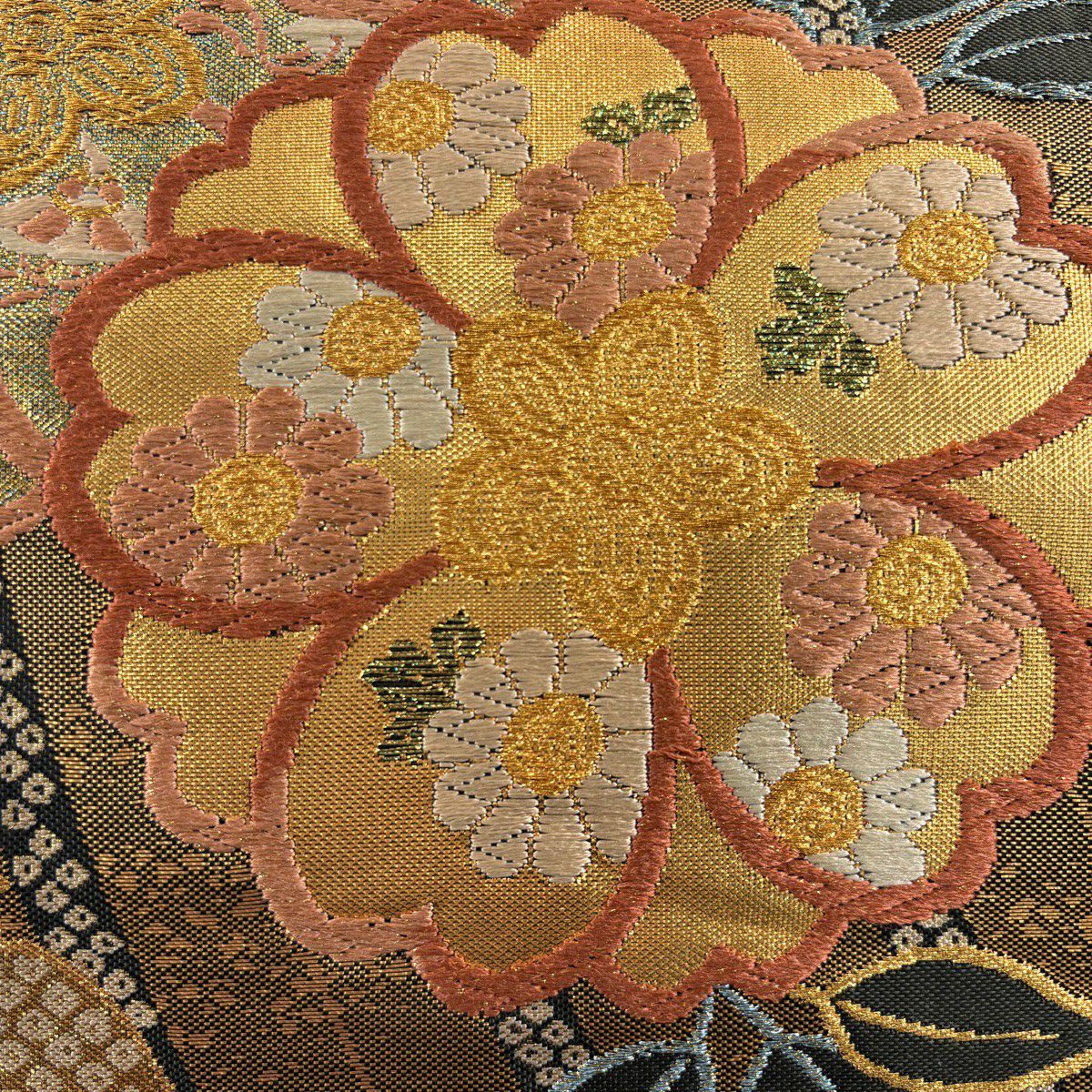 【美品】 袋帶 秀品級 有落款 振袖禮服禮服適用 櫻花 波頭 金絲 金金箔 金茶 六通 純蠶絲