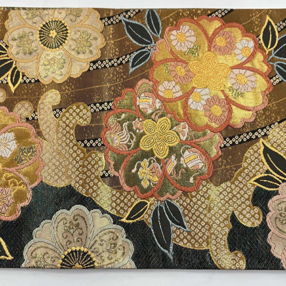 【美品】 袋帶 秀品級 有落款 振袖禮服禮服適用 櫻花 波頭 金絲 金金箔 金茶 六通 純蠶絲