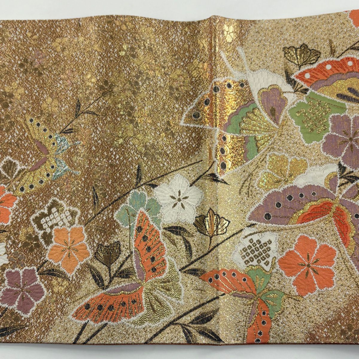 【美品】 袋帶 秀品級 蝶 草花紋 金糸 金金箔 淺橙色 大鼓圖案 純蠶絲