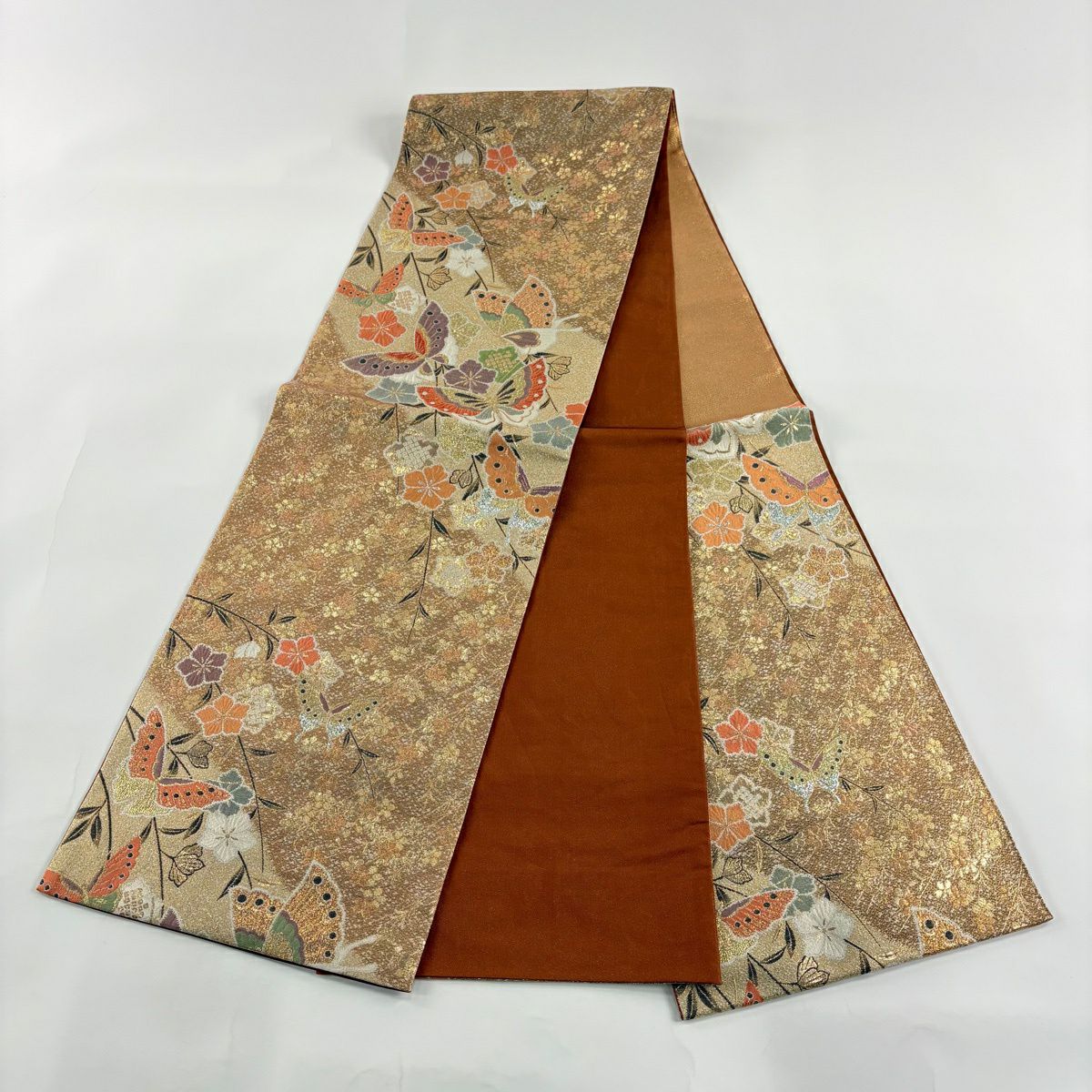 【美品】 袋帶 秀品級 蝶 草花紋 金糸 金金箔 淺橙色 大鼓圖案 純蠶絲