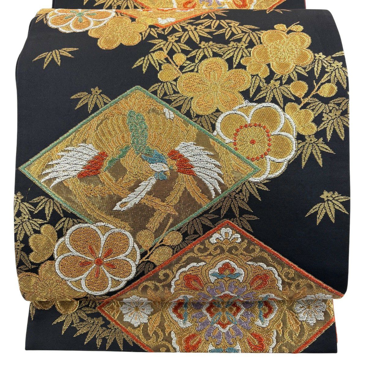 【美品】 袋帶 秀品級 華紋 鳳凰 金糸 金金箔 黑 六通 純蠶絲