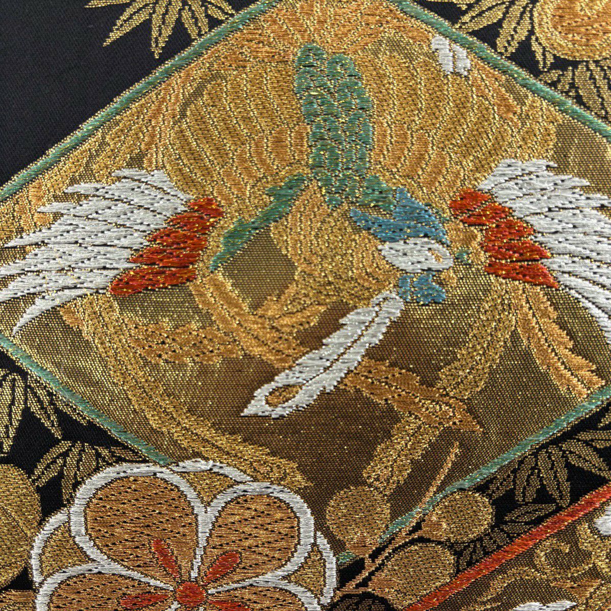 【美品】 袋帶 秀品級 華紋 鳳凰 金糸 金金箔 黑 六通 純蠶絲