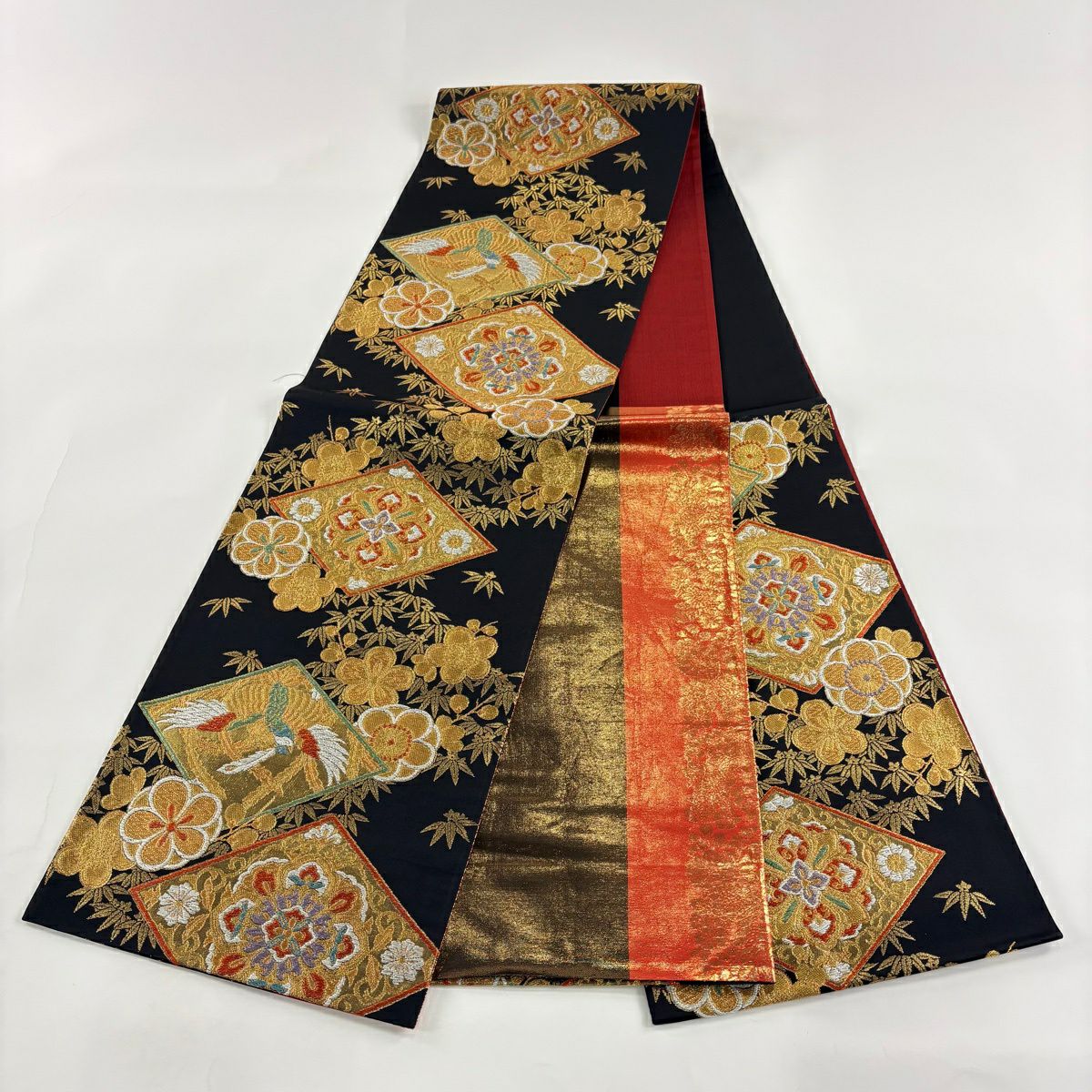 【美品】 袋帶 秀品級 華紋 鳳凰 金糸 金金箔 黑 六通 純蠶絲