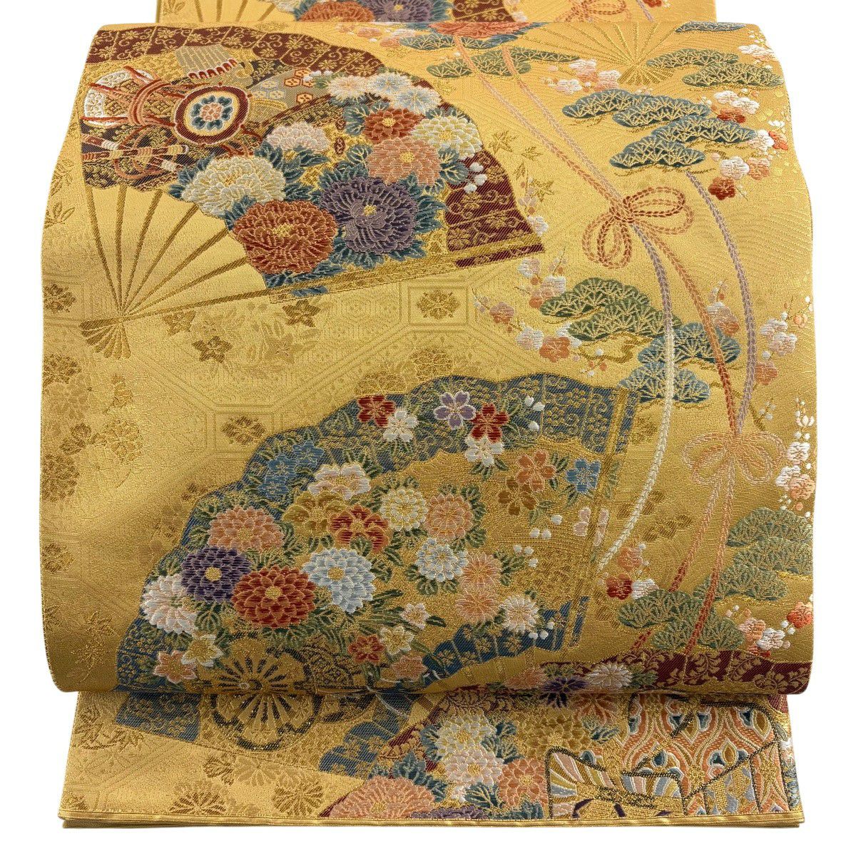【美品】 袋帶 秀品級 扇子面散文 扇子 草花紋 金絲 金金箔 山吹 深藍 六通 純蠶絲
