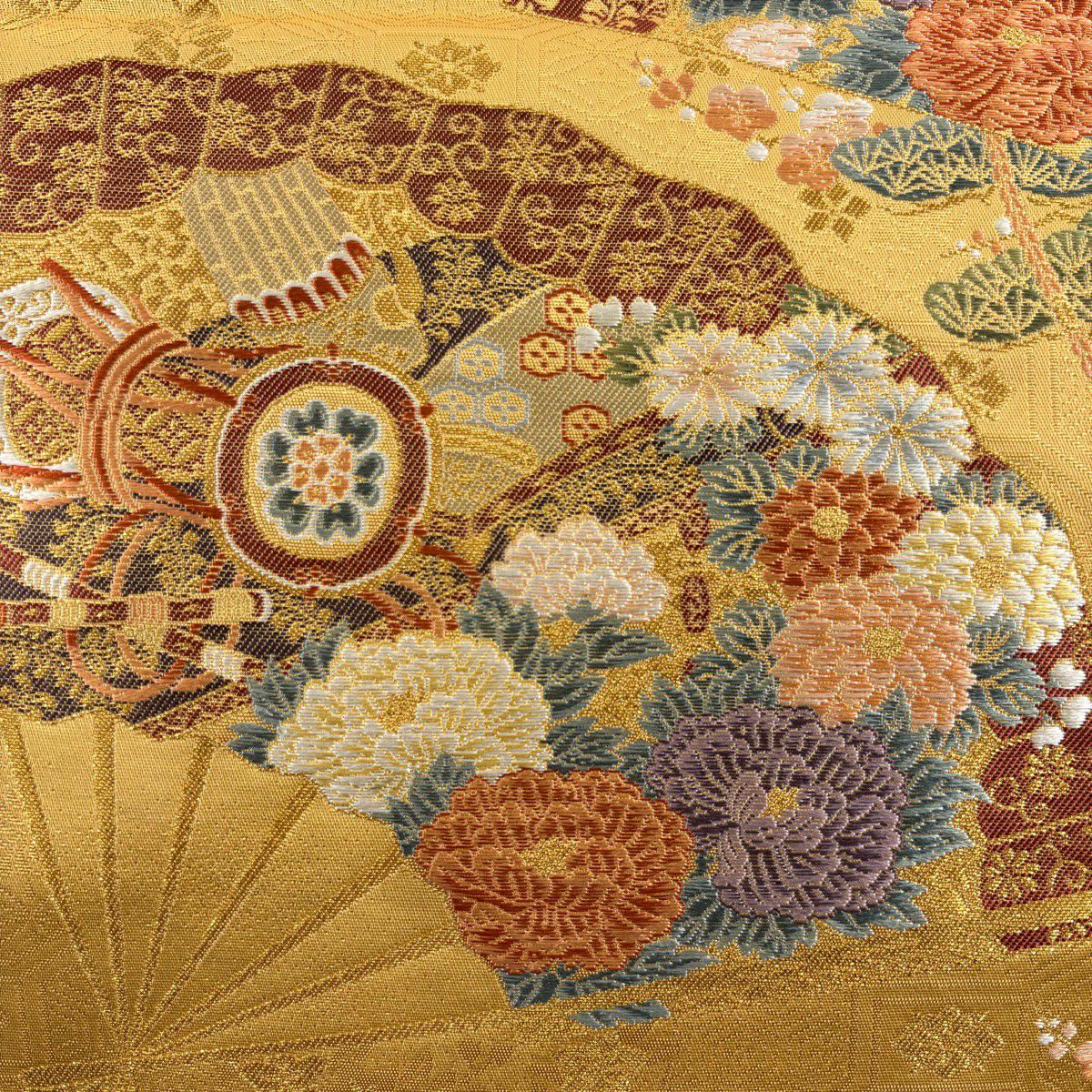 【美品】 袋帶 秀品級 扇子面散文 扇子 草花紋 金絲 金金箔 山吹 深藍 六通 純蠶絲