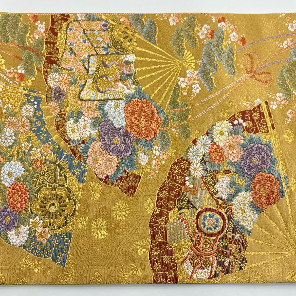 【美品】 袋帶 秀品級 扇子面散文 扇子 草花紋 金絲 金金箔 山吹 深藍 六通 純蠶絲