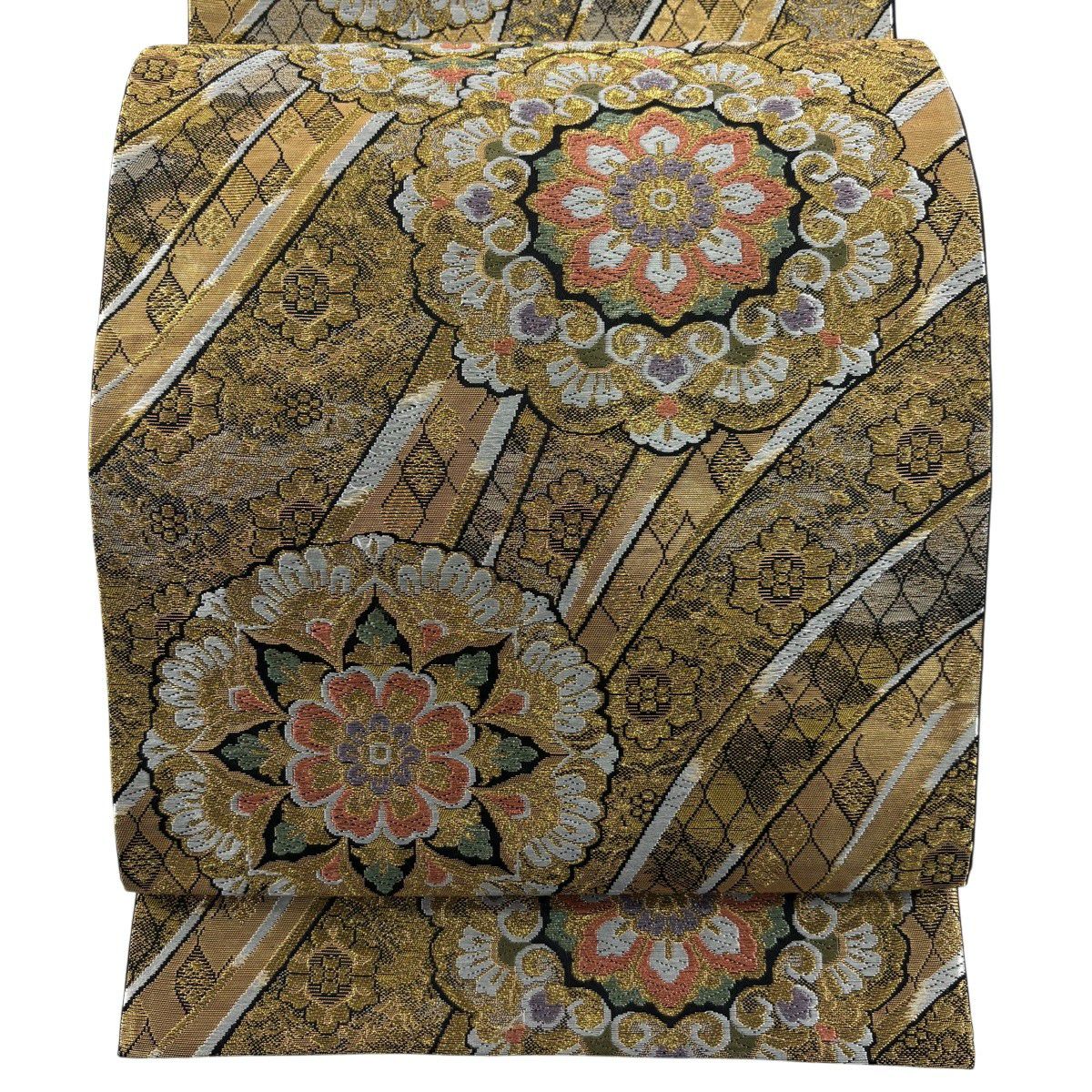 【美品】 袋帶 秀品級 瑞寶華紋 夢花選 華紋 幾何學 金絲 金金箔 金 六通 純蠶絲