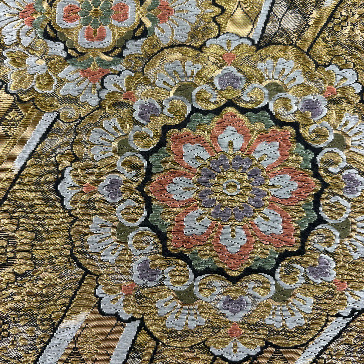 【美品】 袋帶 秀品級 瑞寶華紋 夢花選 華紋 幾何學 金絲 金金箔 金 六通 純蠶絲