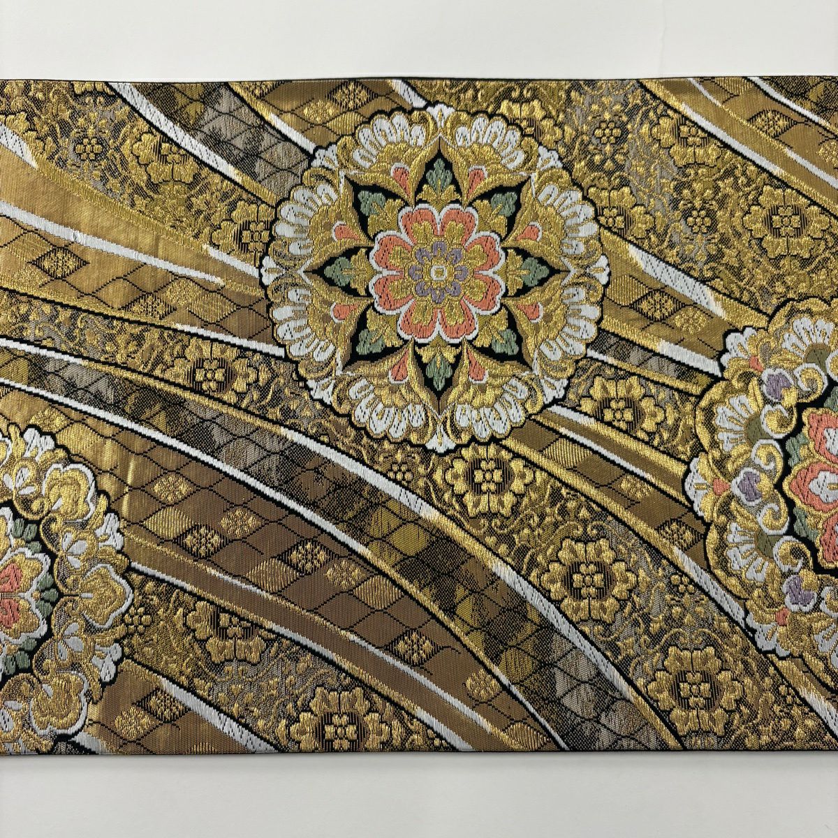 【美品】 袋帶 秀品級 瑞寶華紋 夢花選 華紋 幾何學 金絲 金金箔 金 六通 純蠶絲