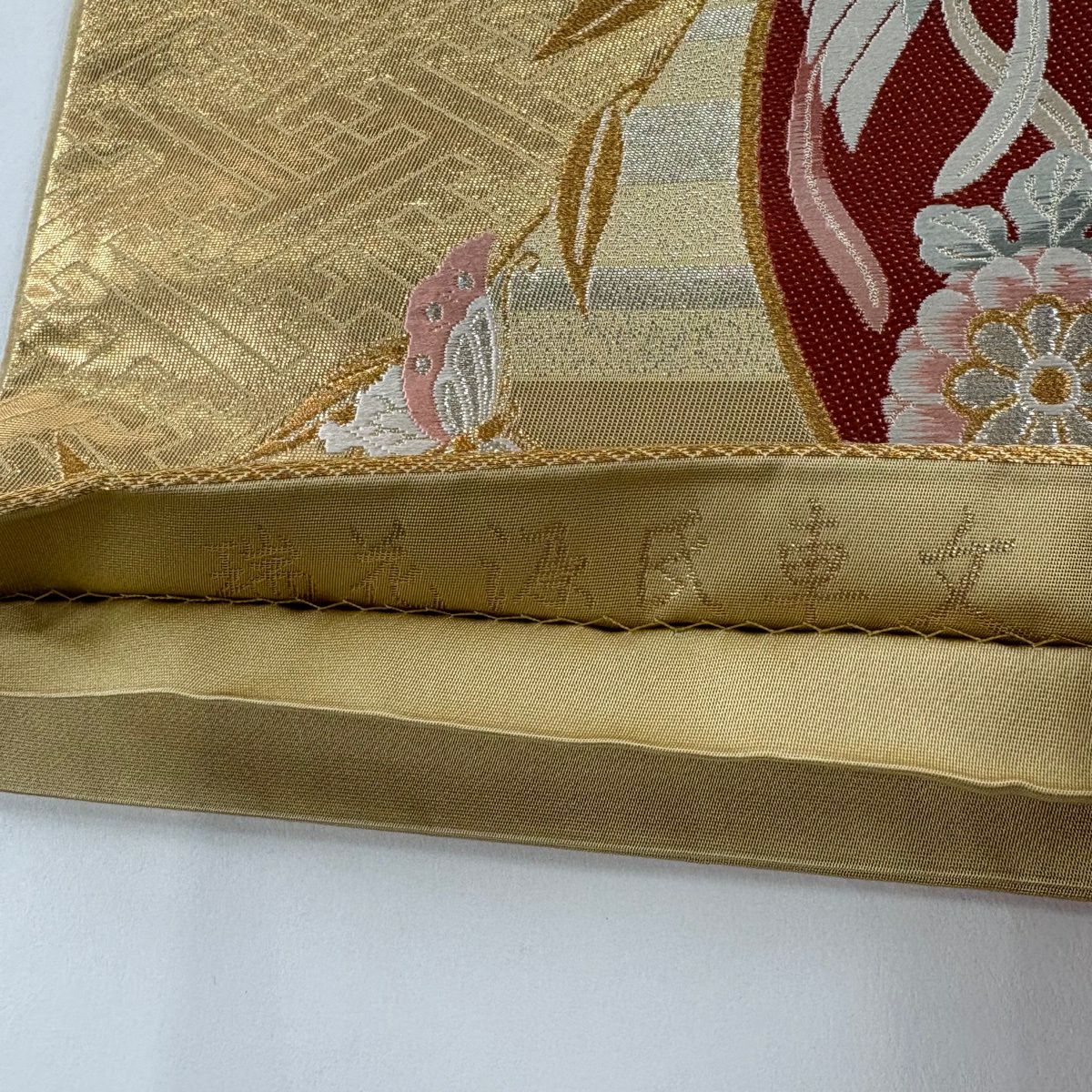 【美品】 袋帶 秀品級 瑞花源氏車紋 源氏車 蝴蝶 金銀絲 金金箔 金色 六通 純蠶絲