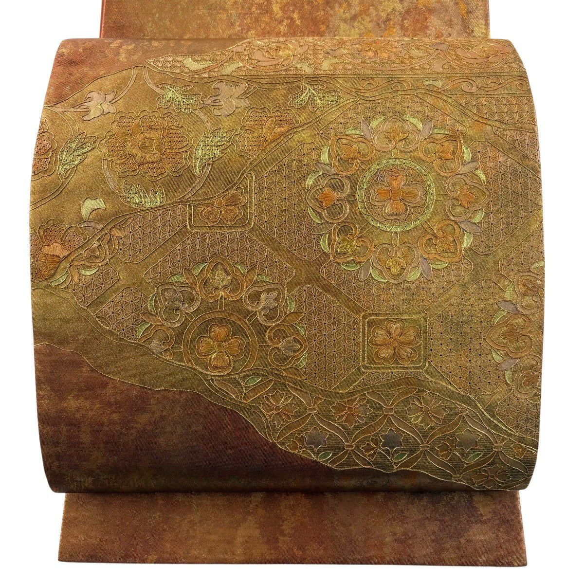 【美品】 袋帶 秀品級 華紋 花唐草紋 刺繡 金彩裝飾 橙色 大鼓圖案 純蠶絲