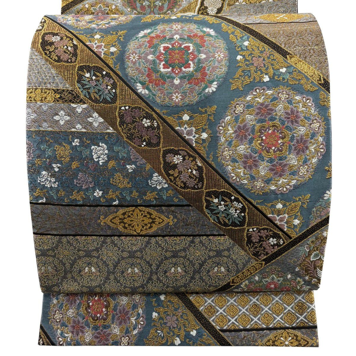 【美品】 袋帶 秀品級 華紋 草花紋 金糸 金金箔 青灰 深藍色 六通 純蠶絲