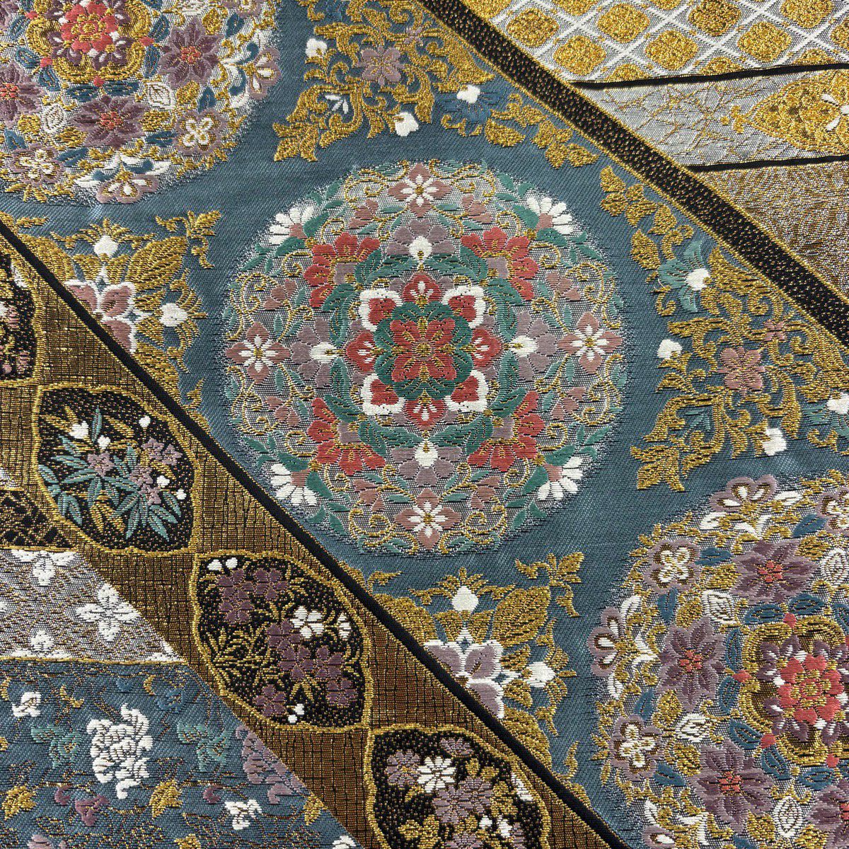 【美品】 袋帶 秀品級 華紋 草花紋 金糸 金金箔 青灰 深藍色 六通 純蠶絲