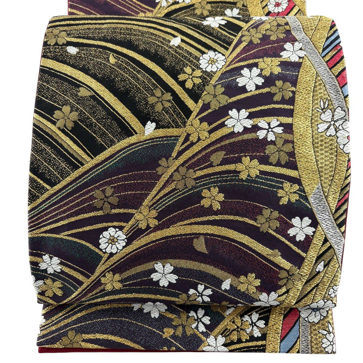 【美品】 袋帶 秀品級櫻花波金銀線紅紫六通純蠶絲