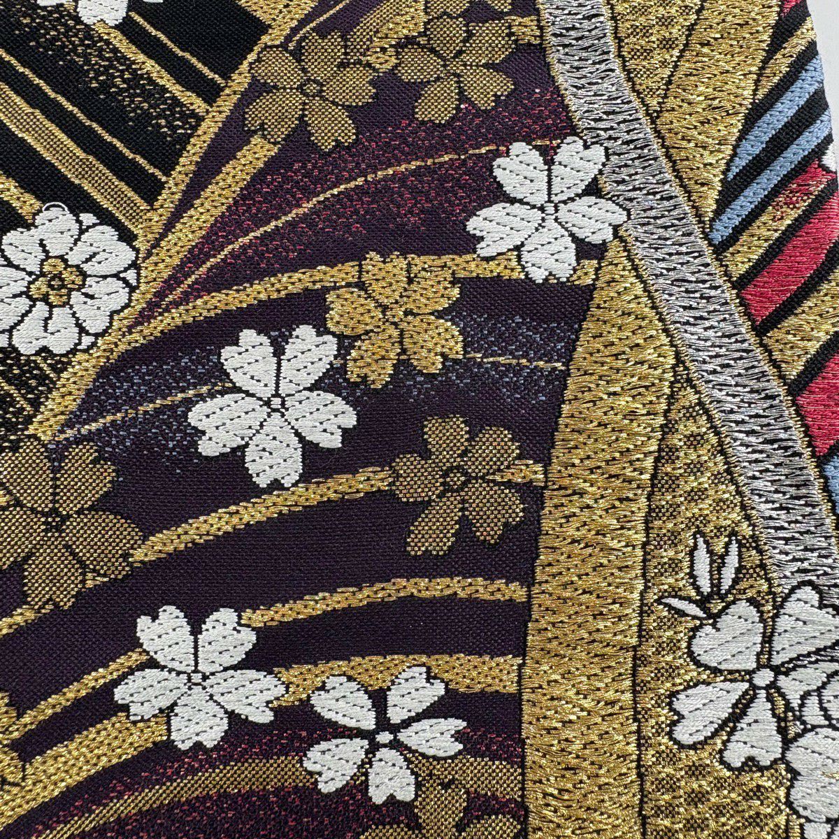 【美品】 袋帶 秀品級櫻花波金銀線紅紫六通純蠶絲