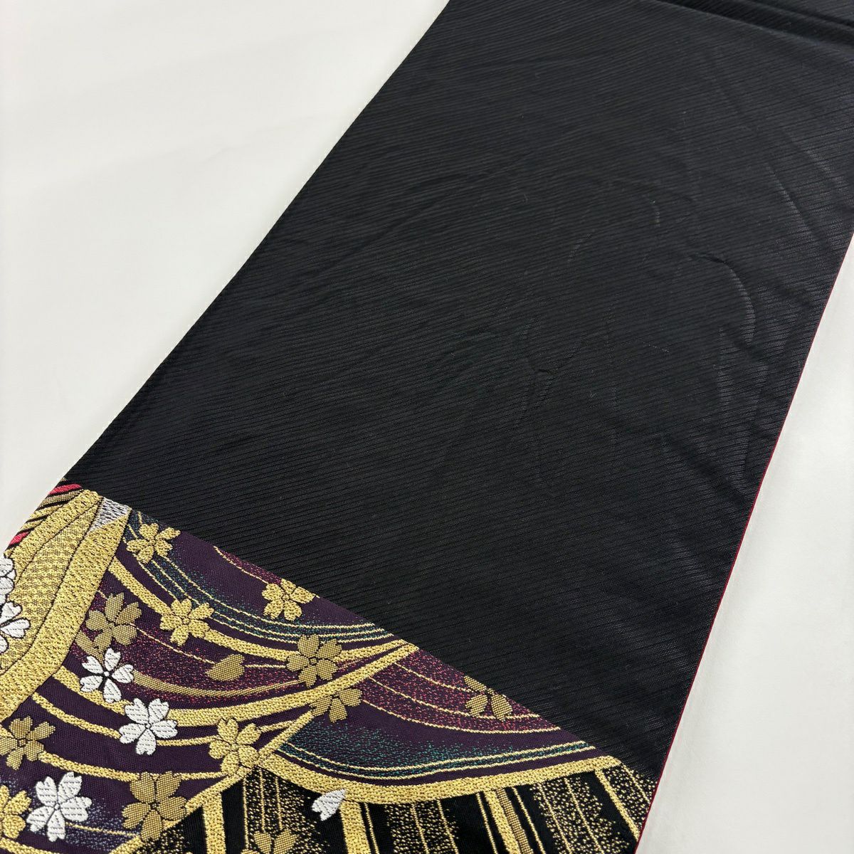 【美品】 袋帶 秀品級櫻花波金銀線紅紫六通純蠶絲