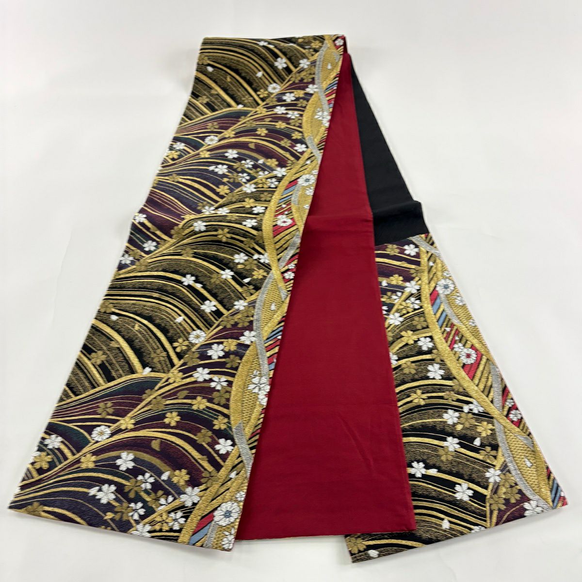 【美品】 袋帶 秀品級櫻花波金銀線紅紫六通純蠶絲