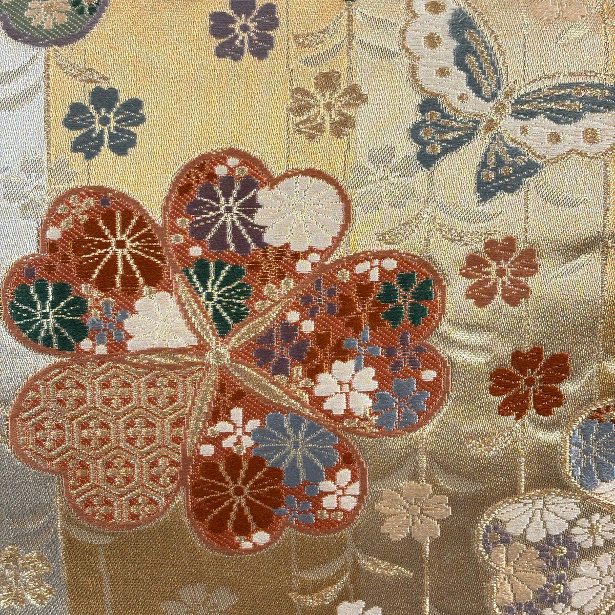 袋帶 秀品級櫻花 蝴蝶 金絲 金金箔 金色 六通 純蠶絲