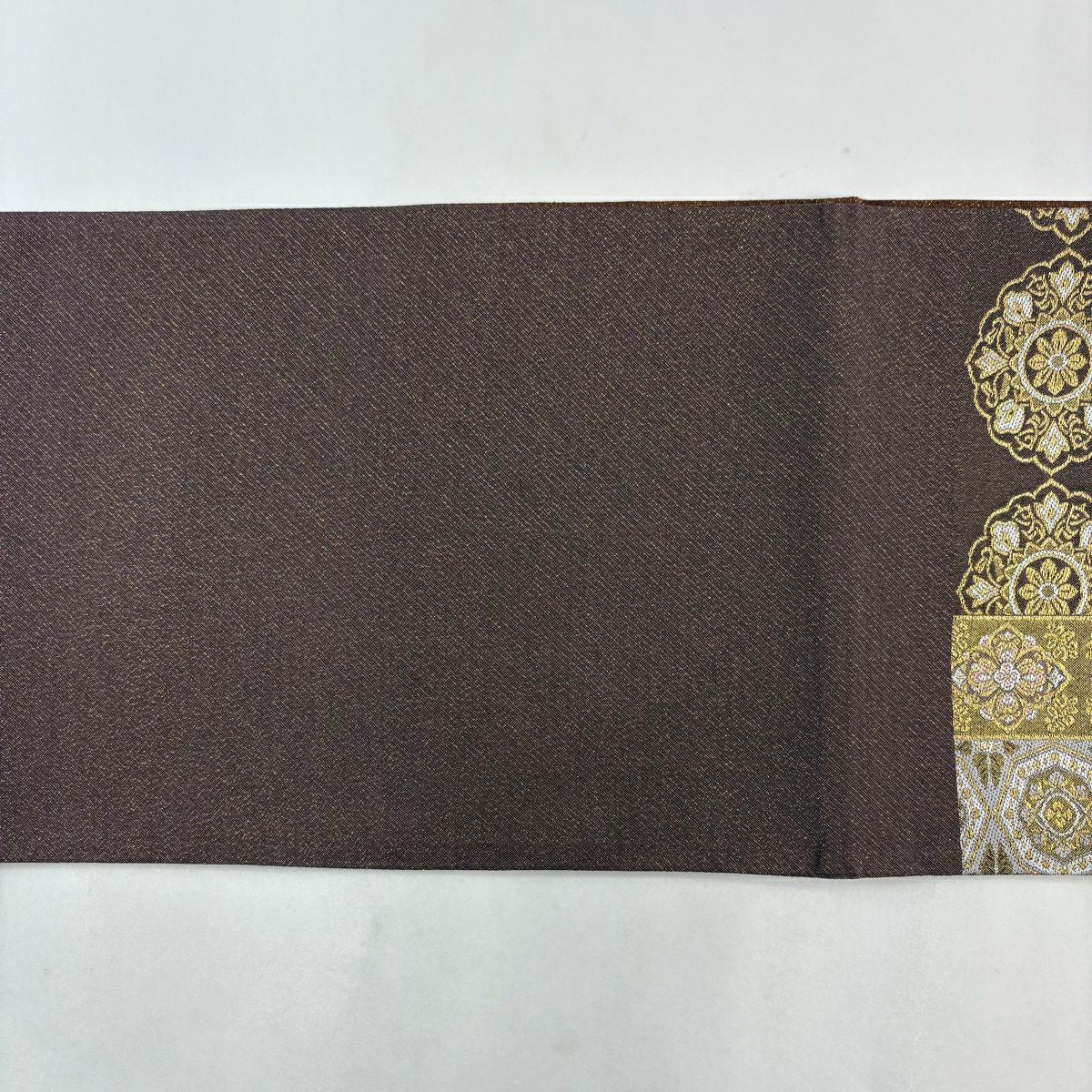 【美品】 袋帶 秀品級 華紋 花唐草紋 金絲 茶 六通 純蠶絲