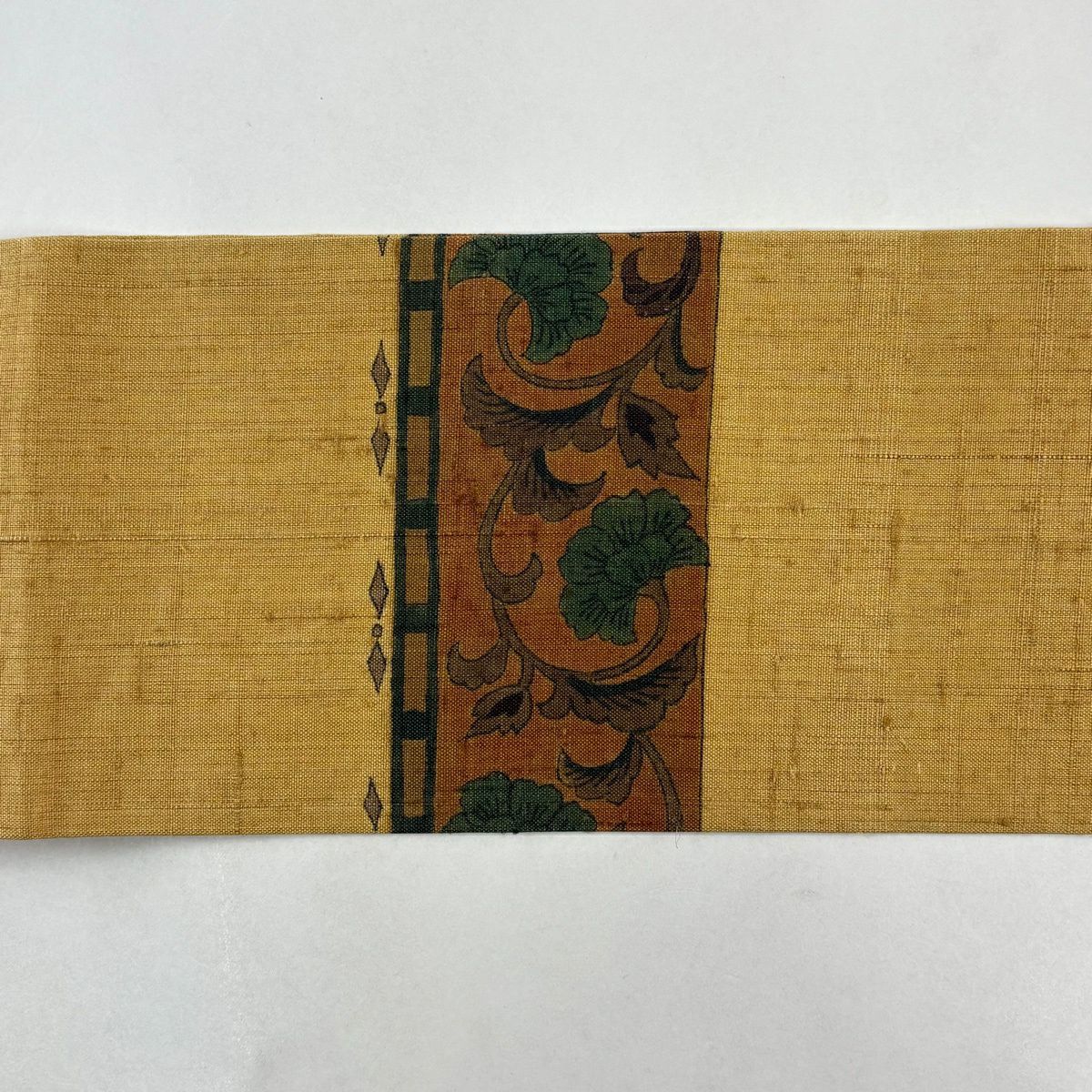 【美品】名古屋帶 秀品級 紬織織 花唐草紋 幾何學 黃土 純蠶絲