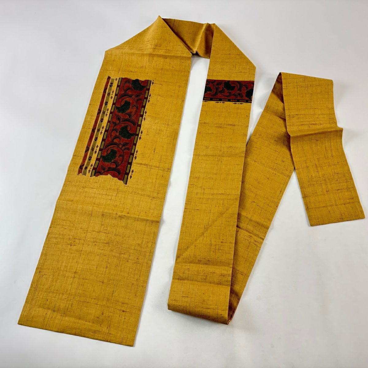 【美品】名古屋帶 秀品級 紬織織 花唐草紋 幾何學 黃土 純蠶絲
