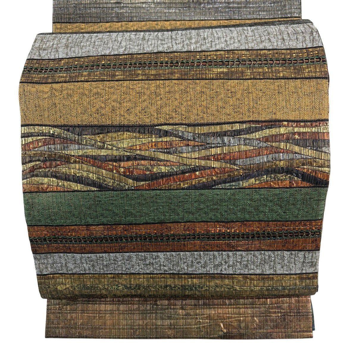 【美品】 袋帶 秀品級 縞 幾何學 金絲 金金箔 茶 純蠶絲
