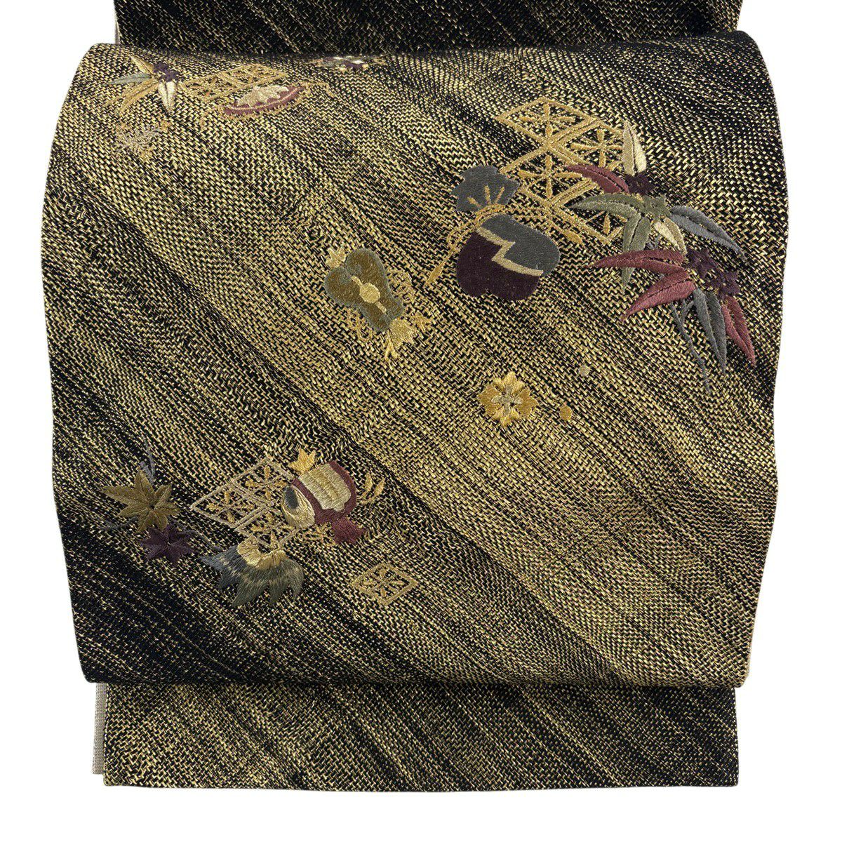【美品】 袋帶 秀品級 寶盡くし 笹 刺繡 金絲 金色 大鼓圖案 純蠶絲