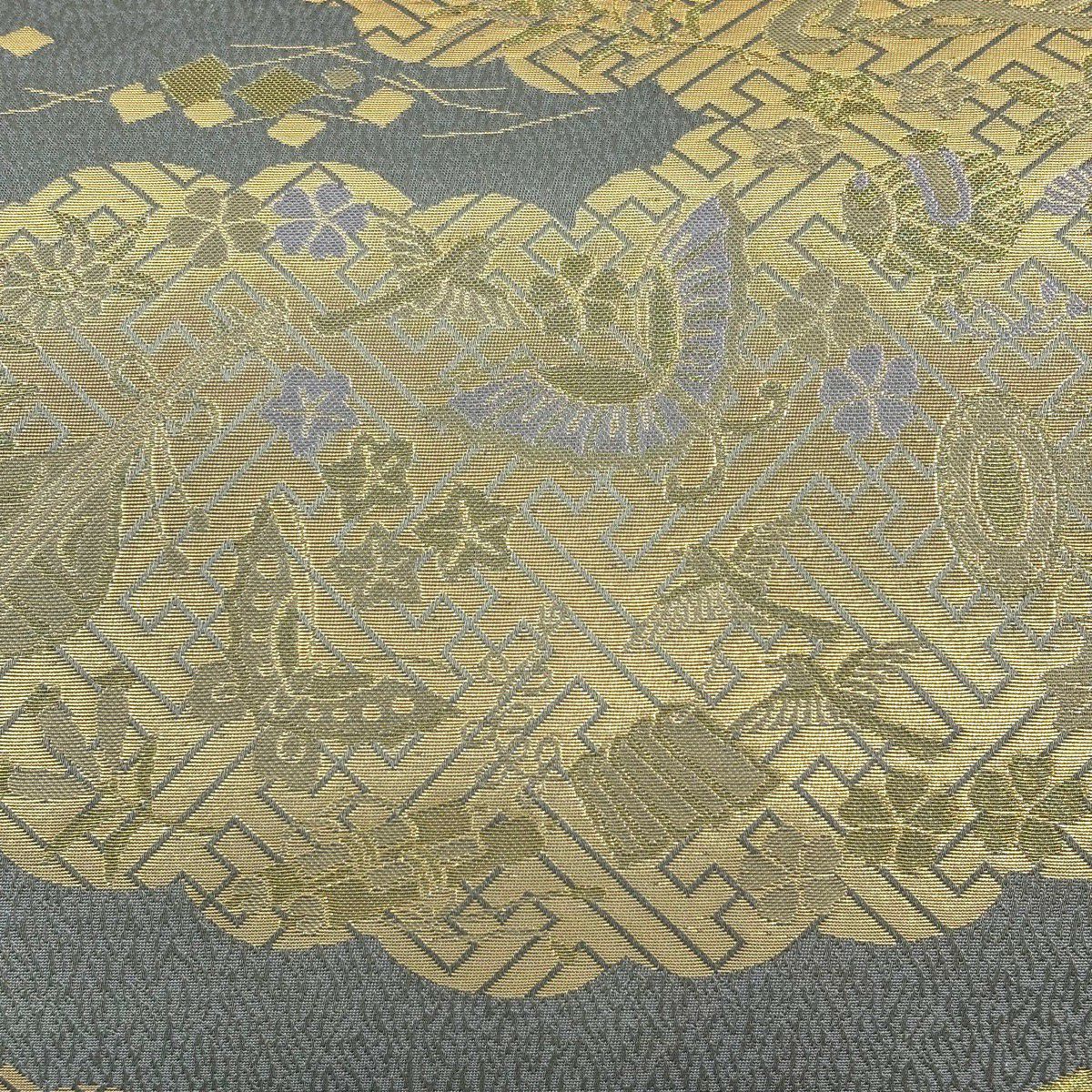 【美品】 袋帶 秀品級 雲文 寶盡くし 金金箔 灰色 六通 純蠶絲