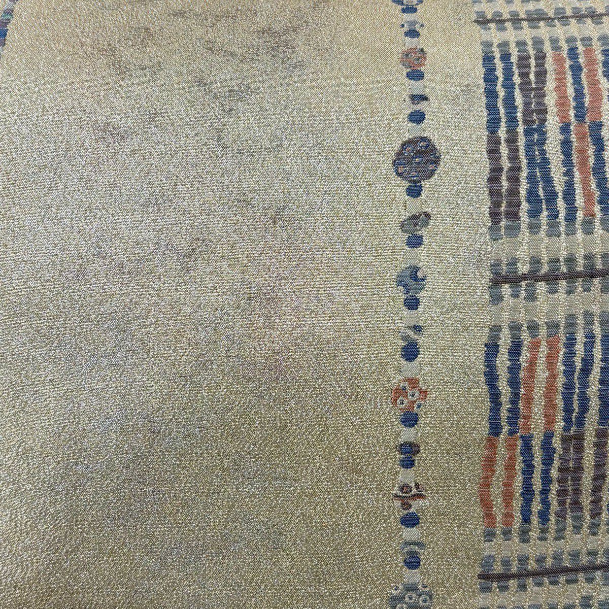 【美品】 袋帶 秀品級 關西仕立 幾何學 金金箔 米色 六通 純蠶絲