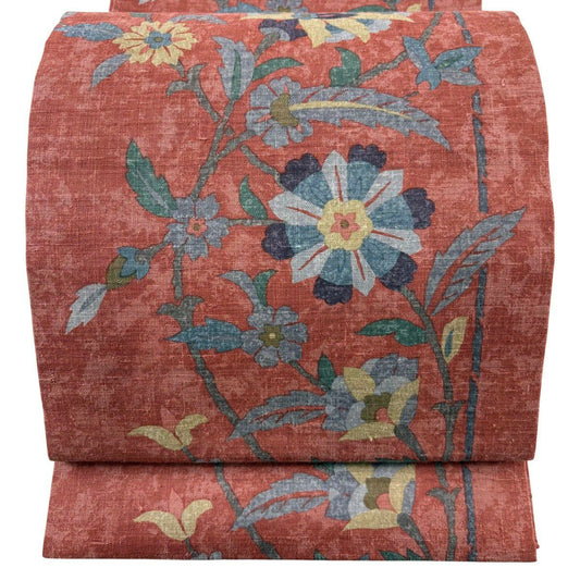 【美品】 開口名古屋帶 優品級 草花紋 紅茶 純蠶絲