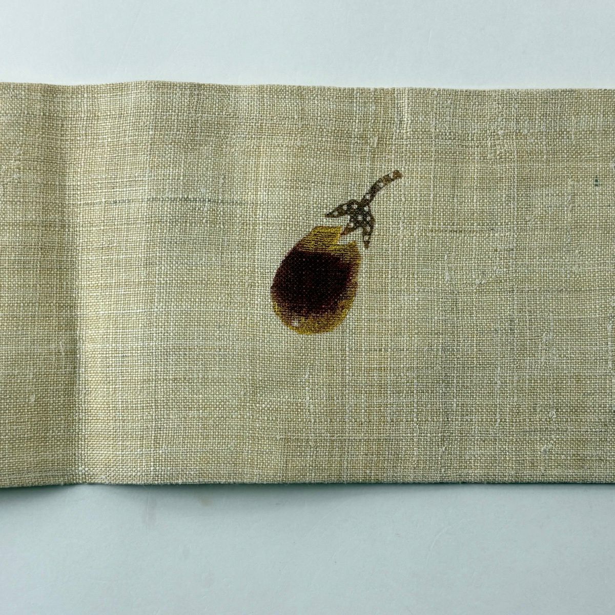 【美品】 名古屋帶 秀品級 紬織織 茄子 金彩裝飾 米色 純蠶絲