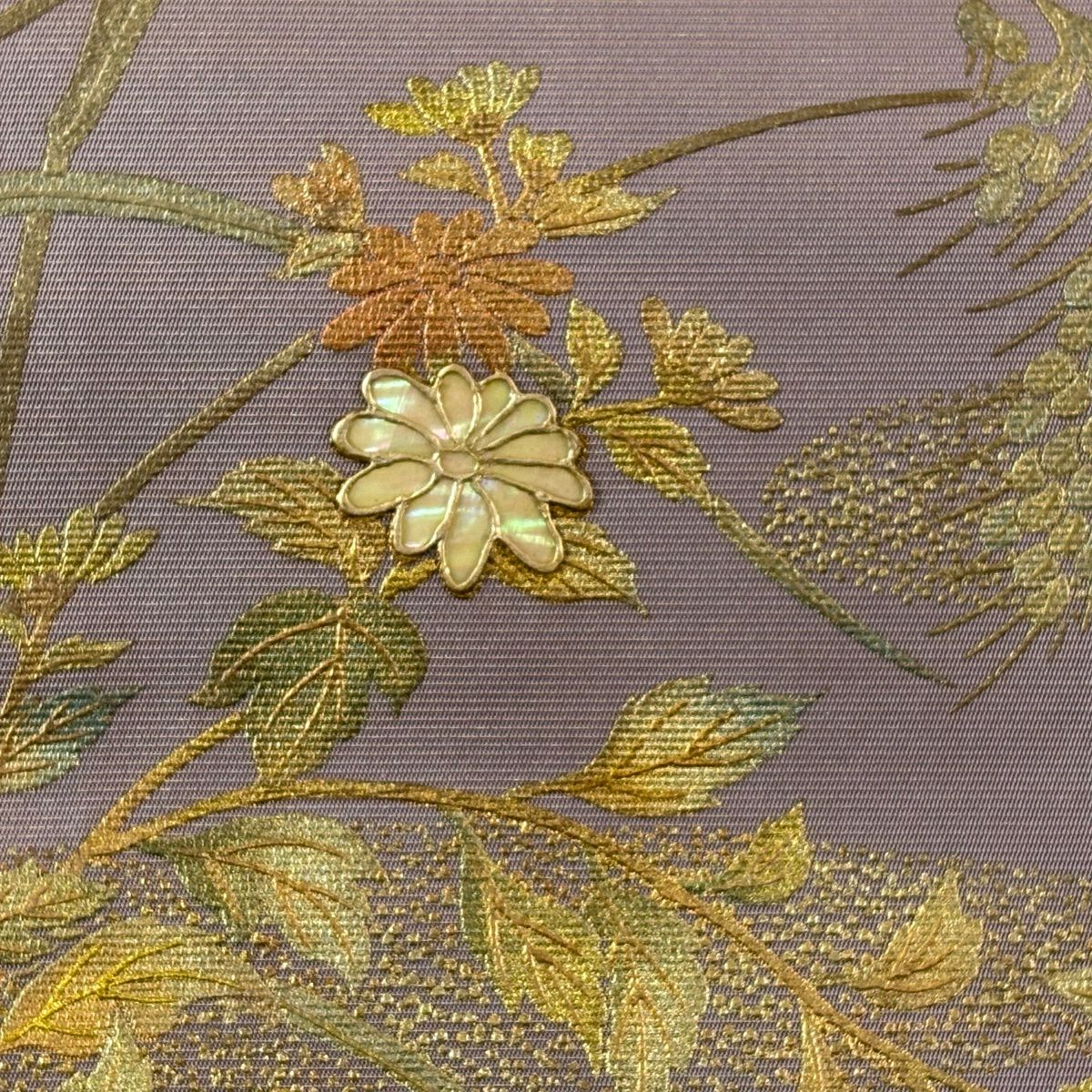 名古屋帶 秀品級 菊花稻穗 螺鈿 金銀彩 灰紫 純蠶絲