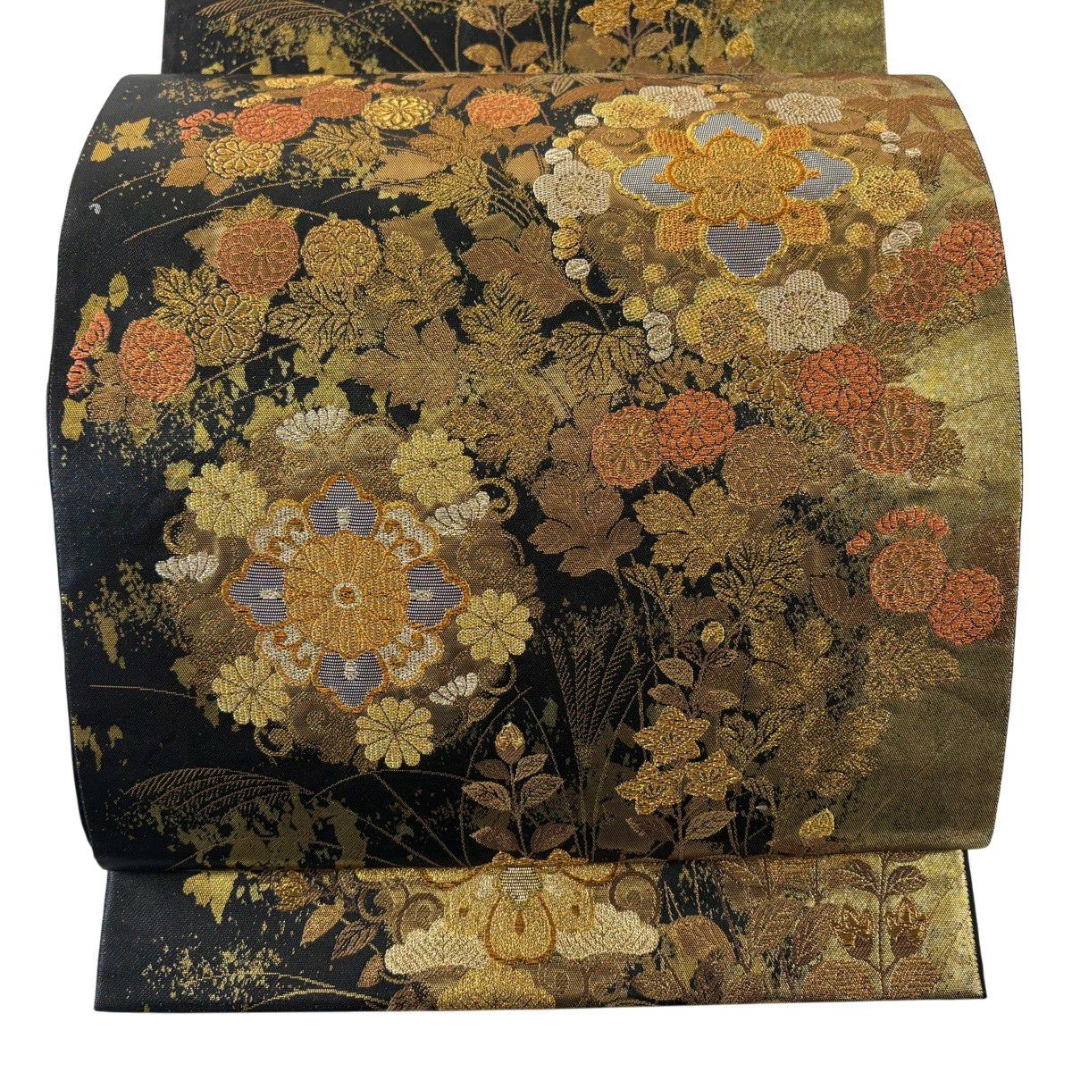 【美品】 袋帶 秀品級 華苑春秋紋 金金箔 黑 六通 純蠶絲