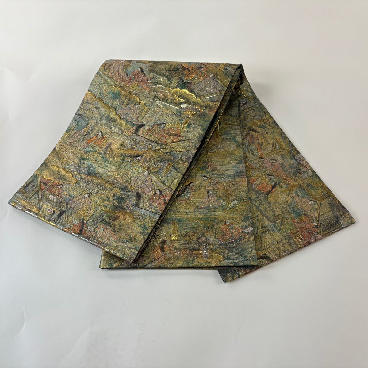 【美品】 袋帶 秀品級 源氏物語繪卷 人物 金金箔 灰綠 全通 純蠶絲
