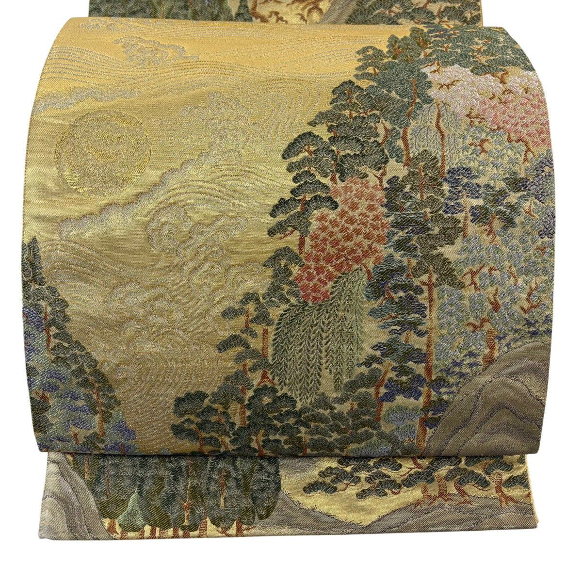 【美品】 袋帶 秀品級 日月山水圖 金金箔 米色 六通 純蠶絲