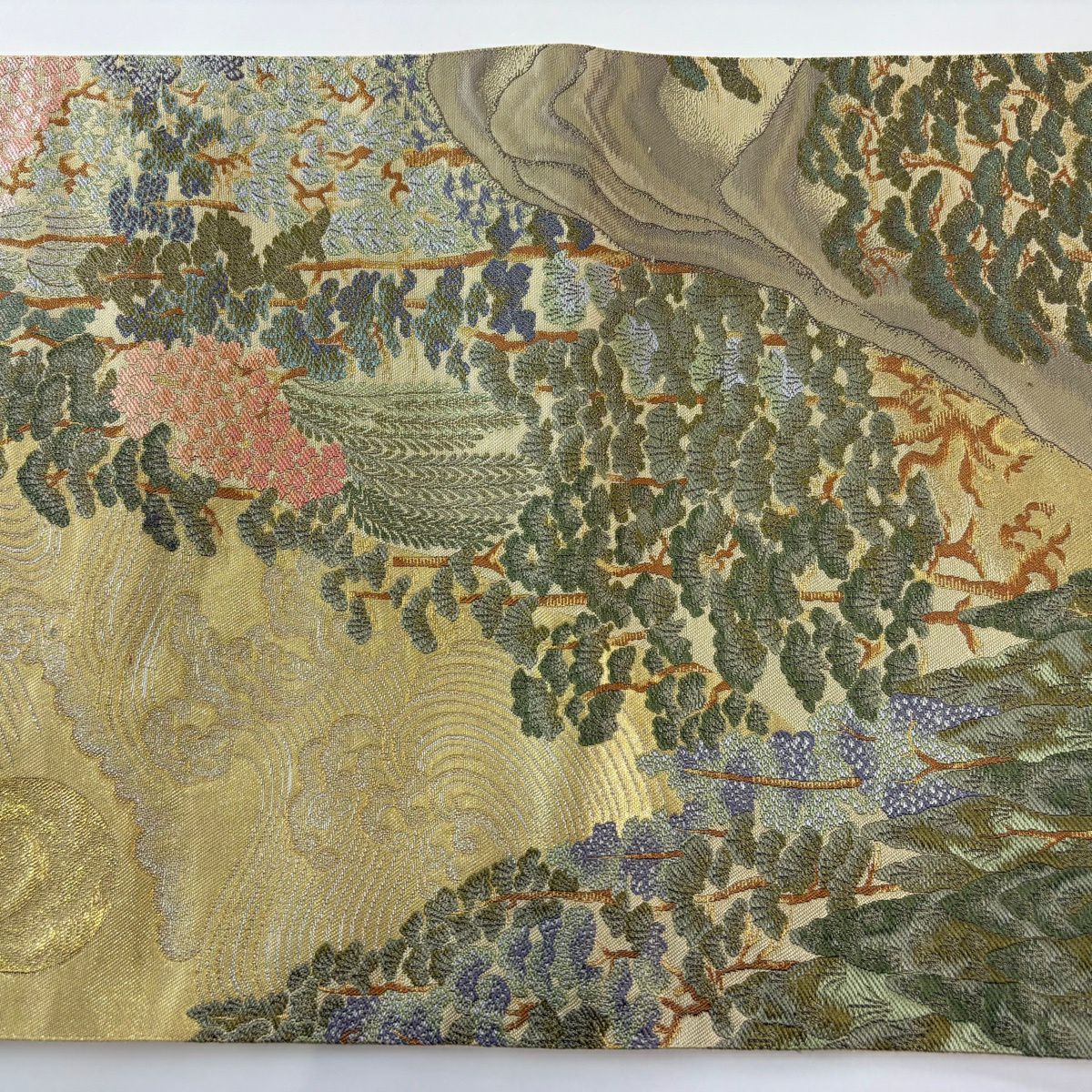 【美品】 袋帶 秀品級 日月山水圖 金金箔 米色 六通 純蠶絲